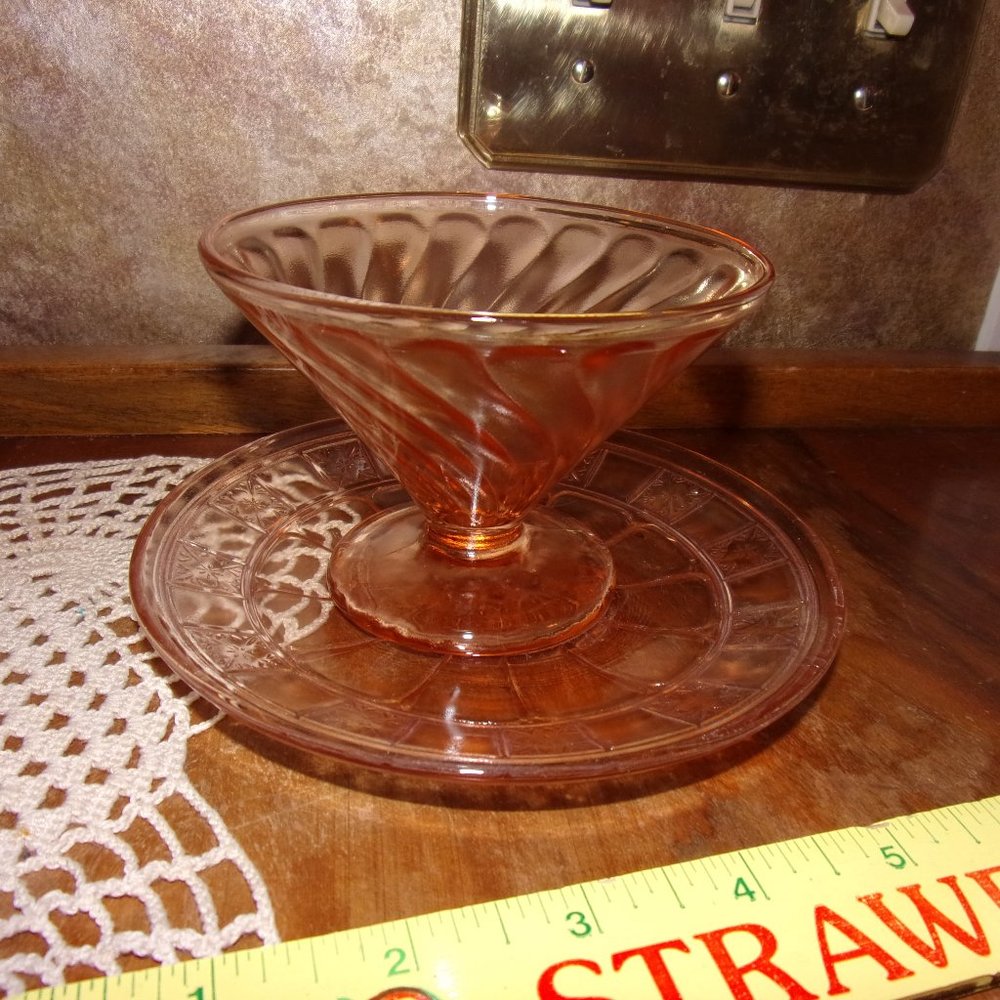 Vintage Pink Depression Glass Dessert Cup & Saucer